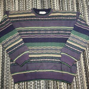 VTG Harry Rosen Sweater Medium Purple Teal 3D Knit Boxy Crew Neck 90s *READ*